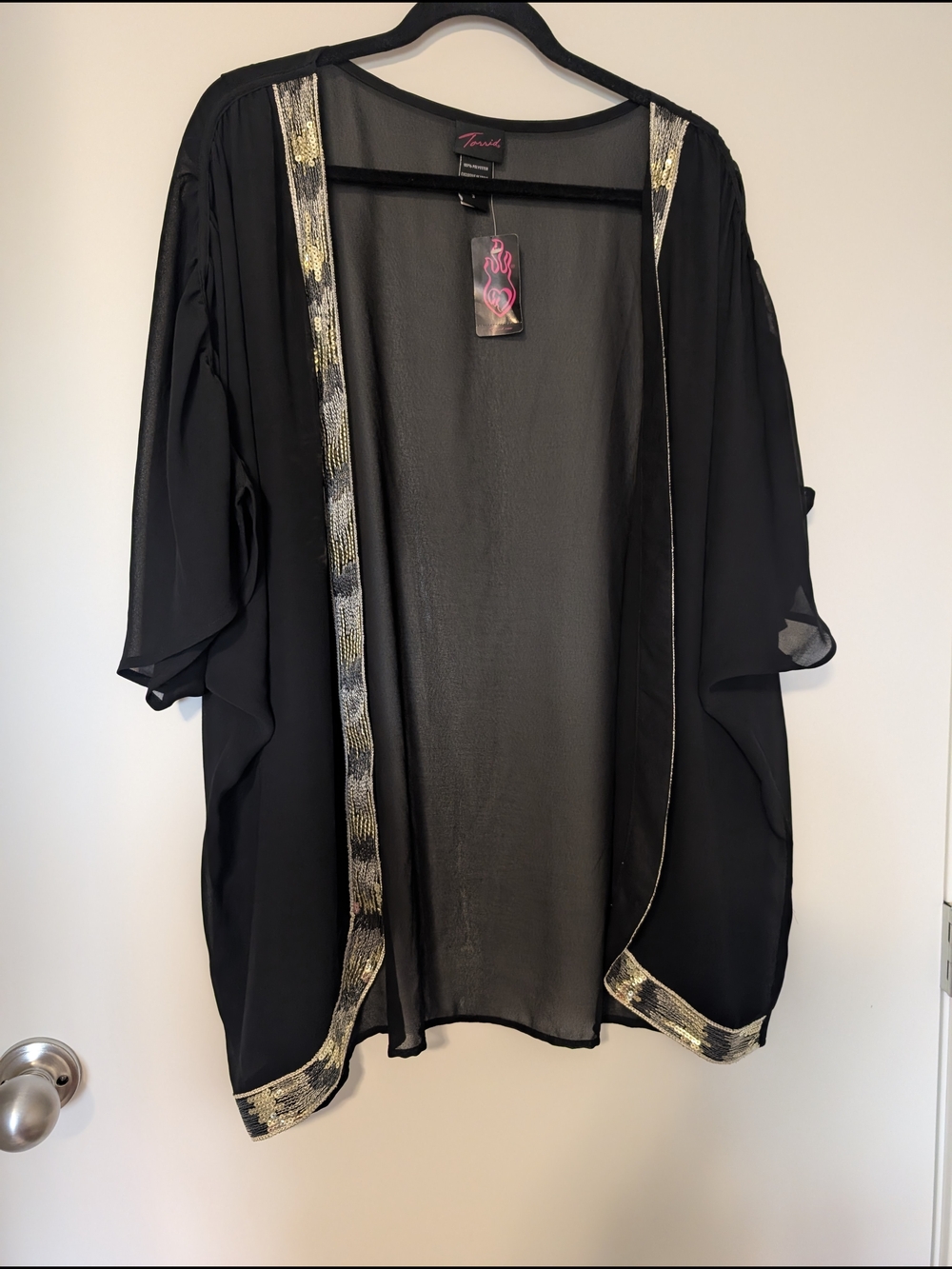 torrid Black Sheer Kimono with Metallic Gold Trim